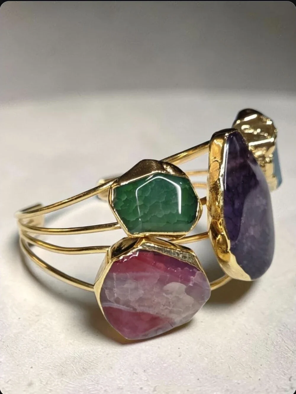 18k Gold Plated Chunky Artisan Agate Natural Stone Multi Color Cuff Bracelet